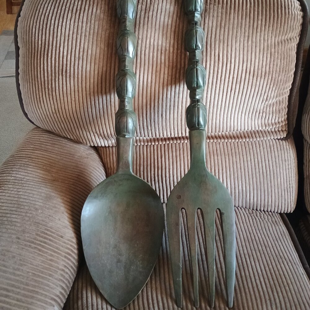 Vintage Large fork and spoon wood 3 ft tall